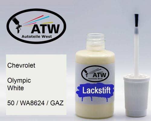Chevrolet, Olympic White, 50 / WA8624 / GAZ: 20ml Lackstift, von ATW Autoteile West.